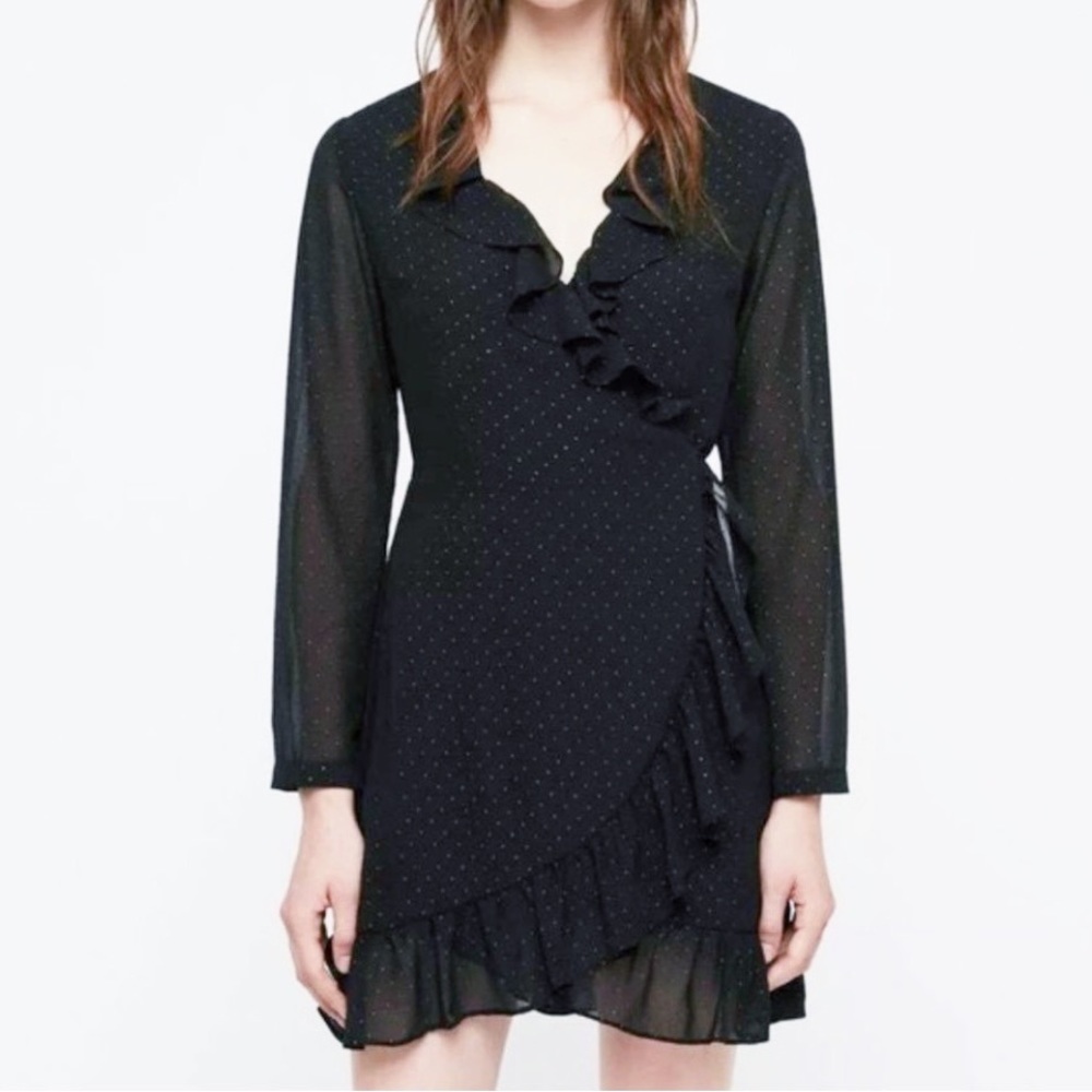 AllSaints Black Ruffle Wrap Dress